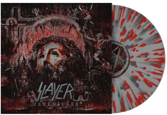 the album cover for Slayer - Repentless [Indie Exclusive Clear Silver Red Splatter]