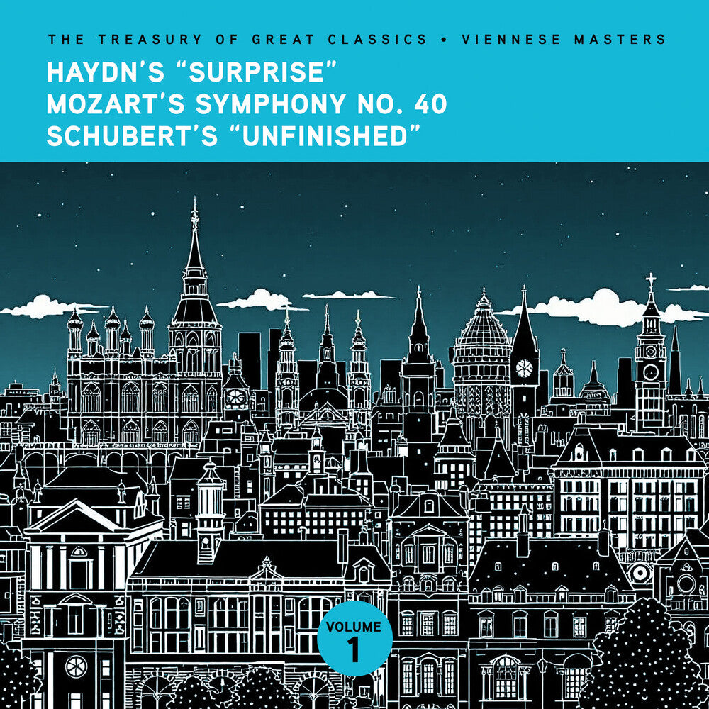 the album cover for Ljubljana Symphony Orchestra & Slovak Phil Orch - The Treasury of Great Classics - Viennese Masters - Vol. 1. Haydn's "Surprise", Mozart's Symphony No. 40 & Schubert's "Unfinishe